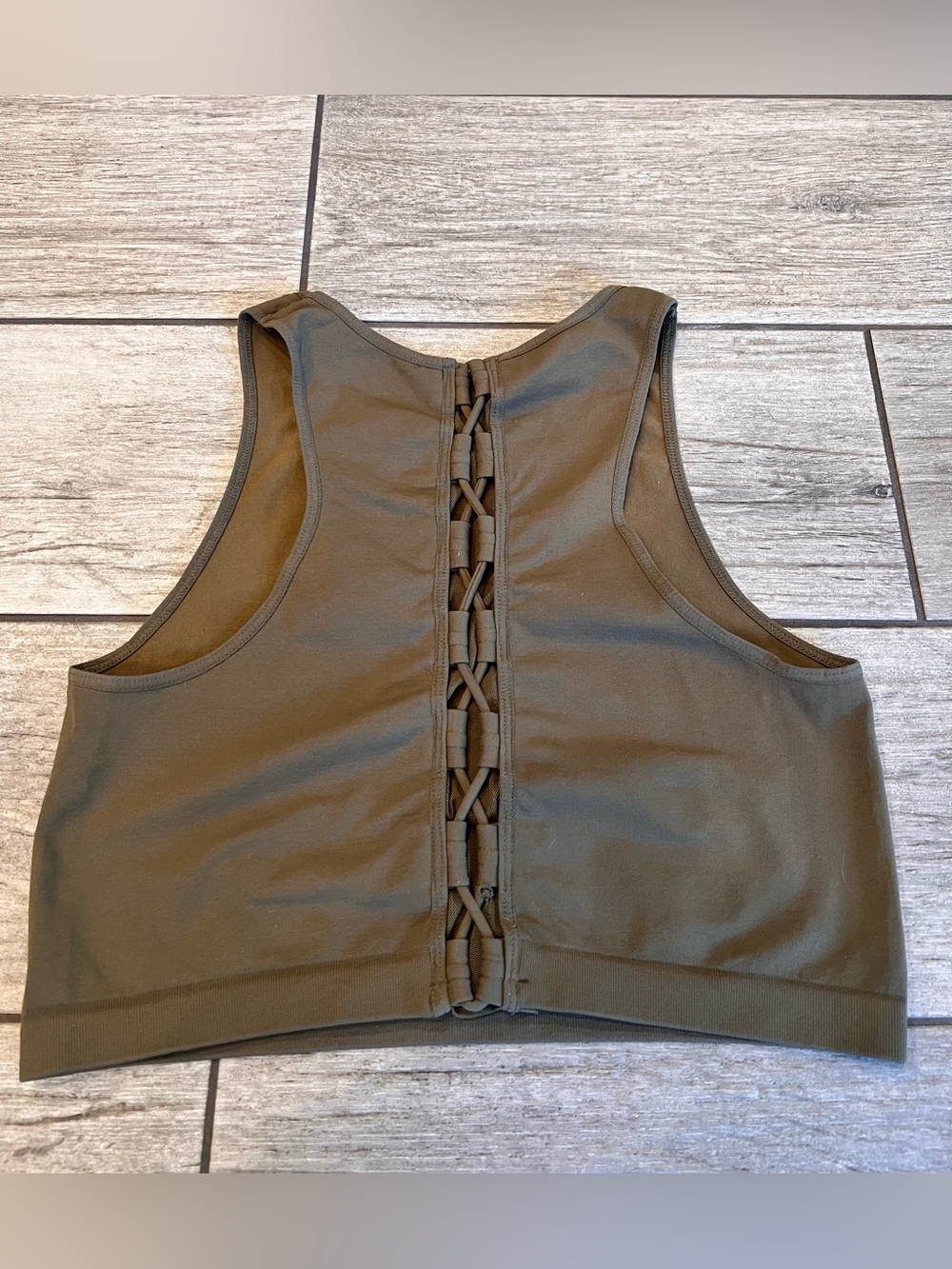 Free People Movement High Neck Lattice Back Crop Top Olive Green M/L